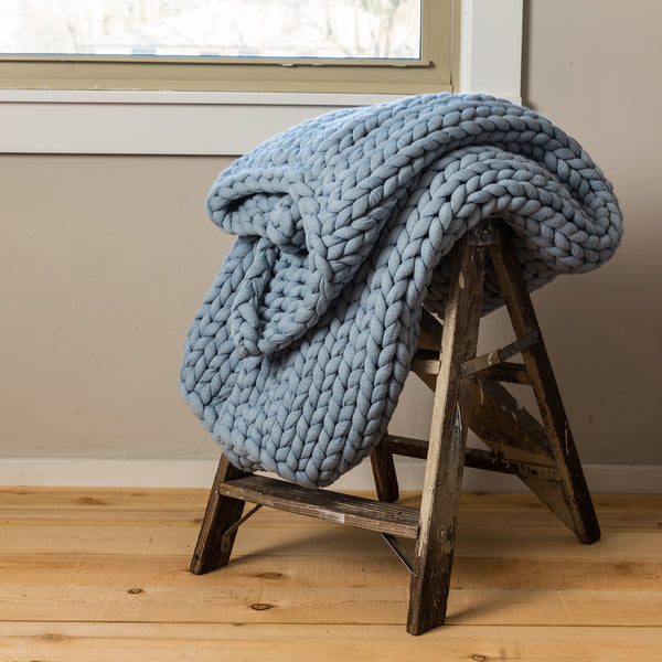 Chunky Knit Light Blue Throw - Unique Linens Online
