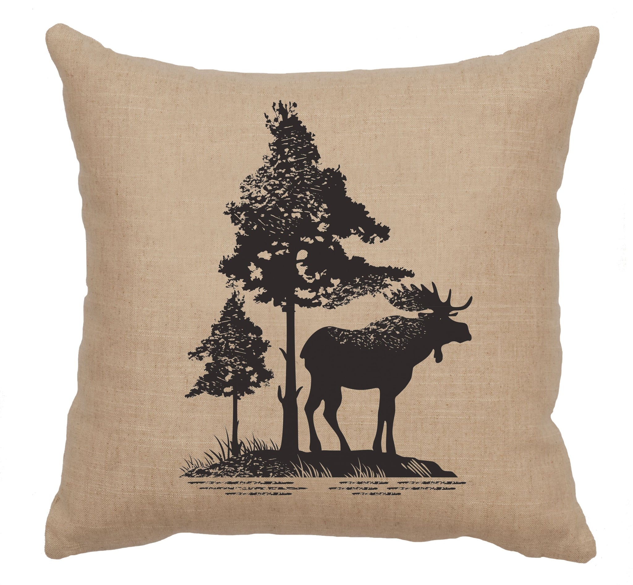 Moose Trees Decorative Linen Pillow Wooded River - Unique Linens Online