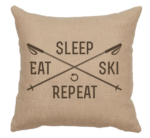 Sleep, Eat, Ski, Repeat Decorative Linen Pillow Wooded River - Unique Linens Online