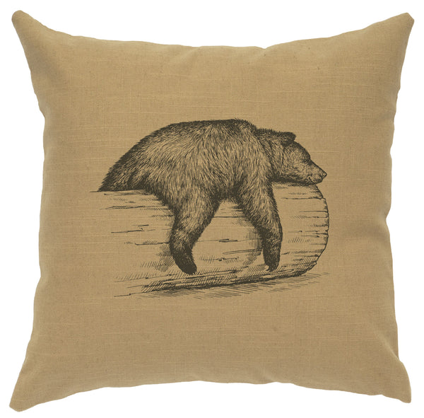 Bear on Log Decorative Linen Pillow Wooded River - Unique Linens Online