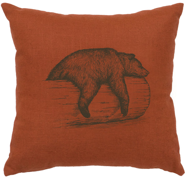 Bear on Log Decorative Linen Pillow Wooded River - Unique Linens Online