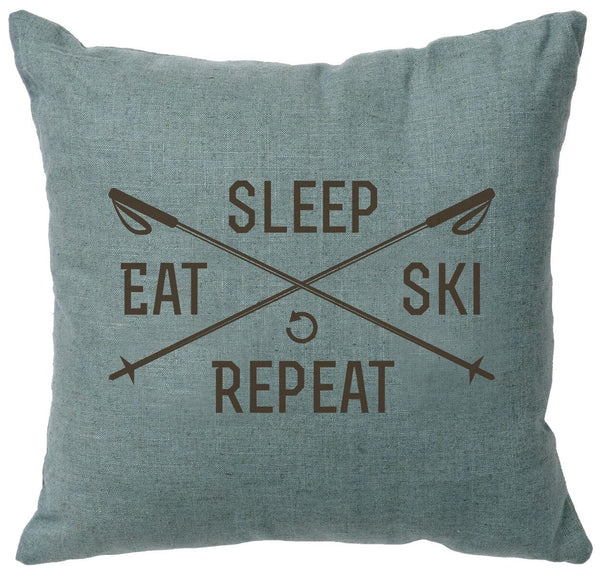 Sleep, Eat, Ski, Repeat Decorative Linen Pillow Wooded River - Unique Linens Online